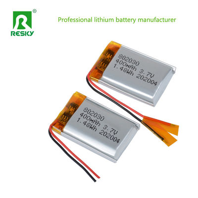 Compacto 3.7v 400mAh Bateria recarregável de polímero de lítio Potência Célula de íons de lítio 802030 com conector Jst